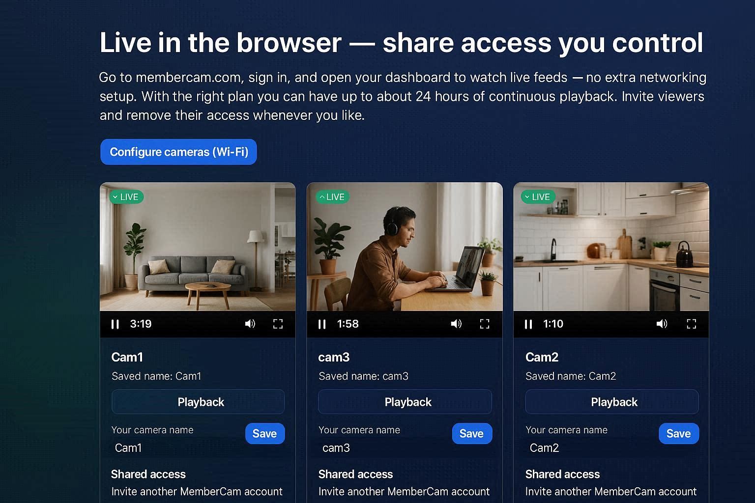 Watching live cameras from a laptop or tablet browser.